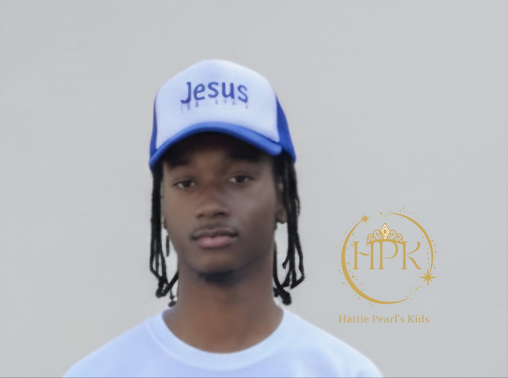 Blue Dripped in Jesus Trucker Cap