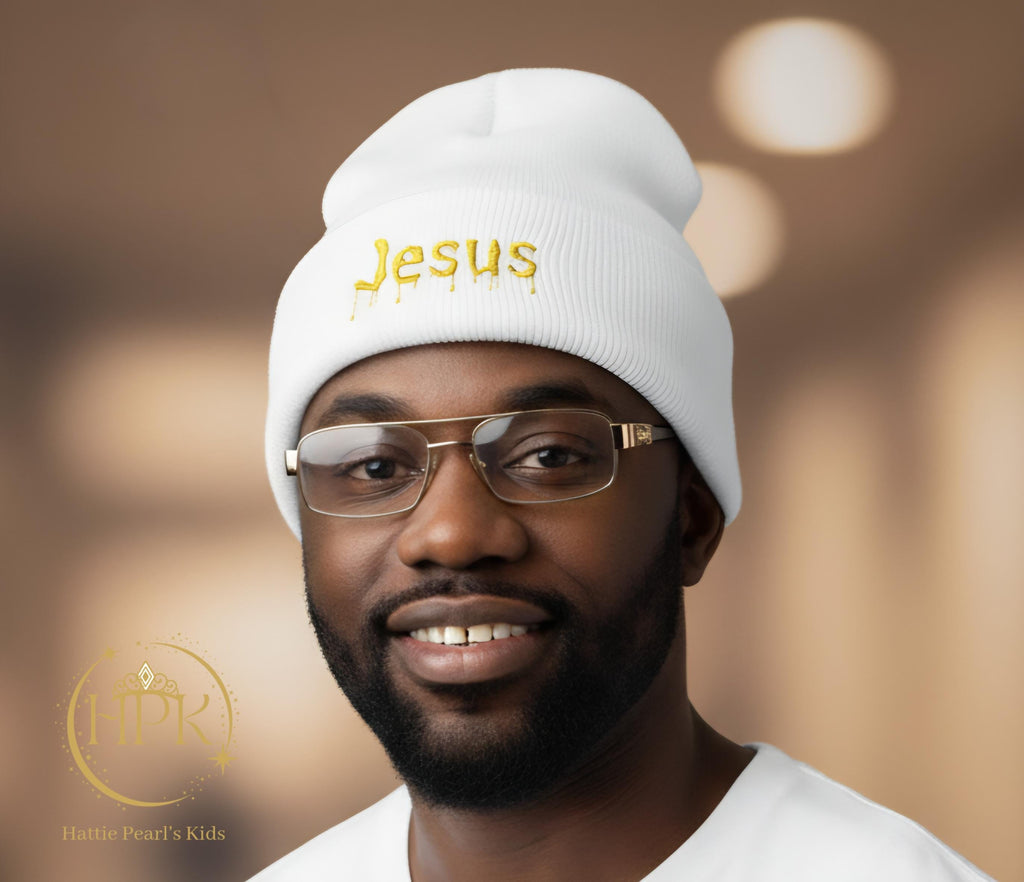 Dripped in Jesus Embroidered Beanie (Yellow)
